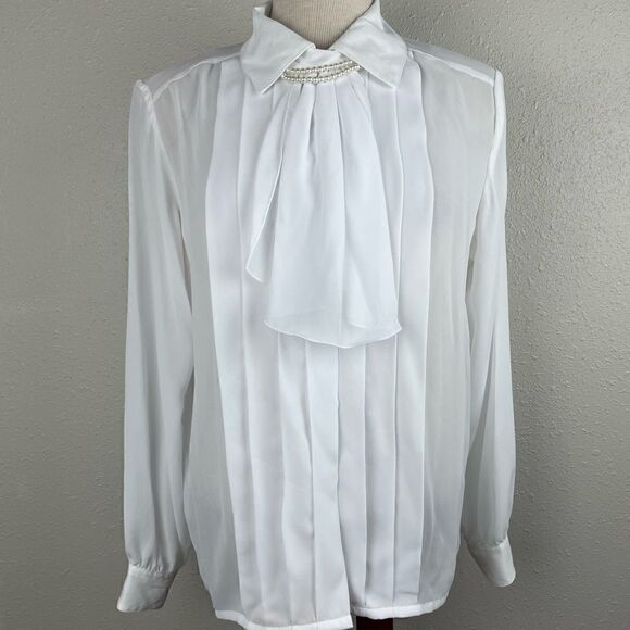 Vintage Laura & Jayme Collection White Button Down Ascot Shirt Size 12 EUC - Picture 1 of 8